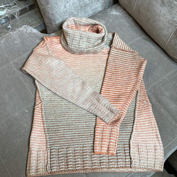 CAbi Orange and Cream Cowl Neck Sweater with Chunky Knit - Picture 3 of 7